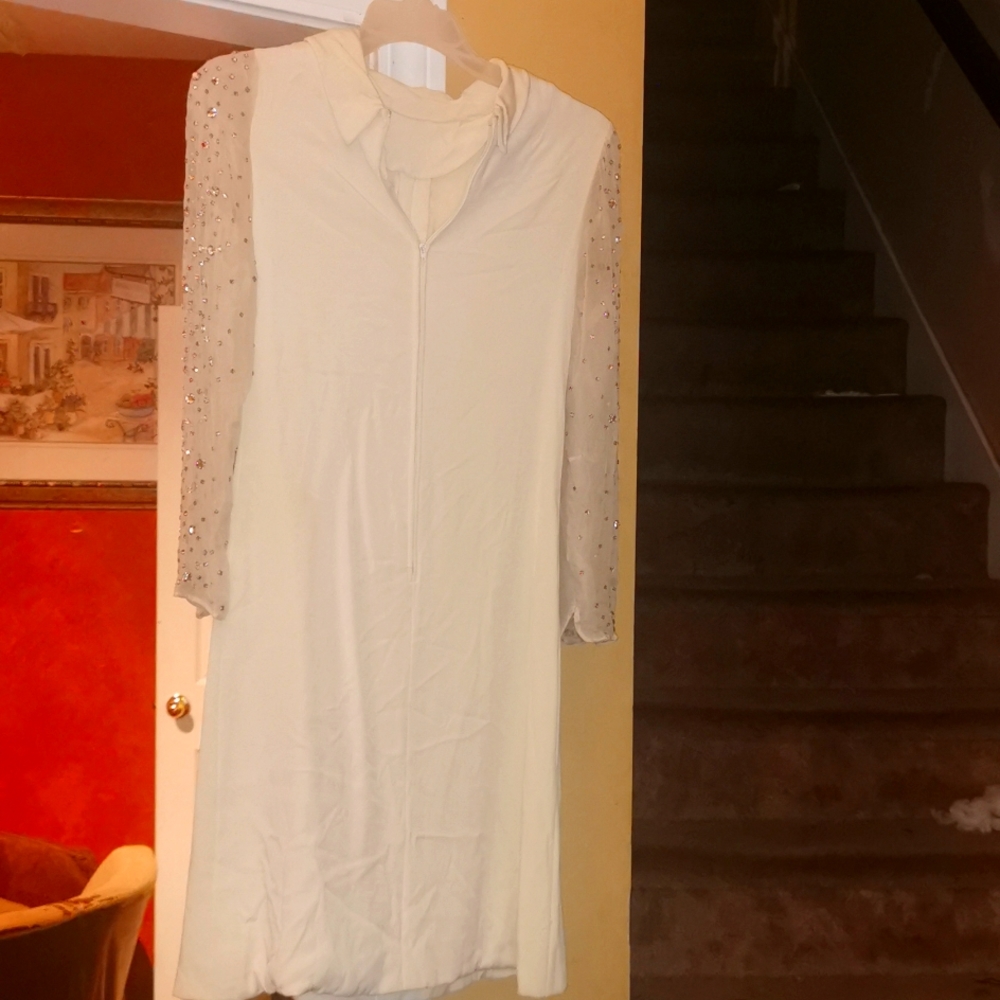 Vintage 1969 Size 2 Nardiello for Rona Embellishments Ivory Dress sleeve ripped)